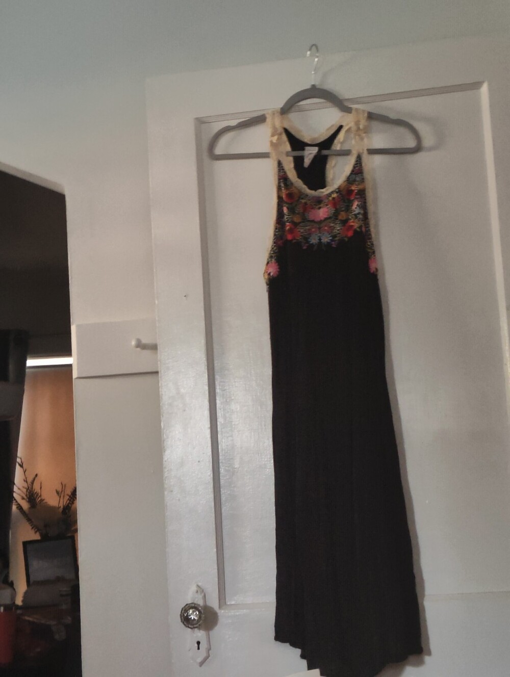 Anthropologie Black Maxi Dress with Colorful Embroidery and Cream Trim